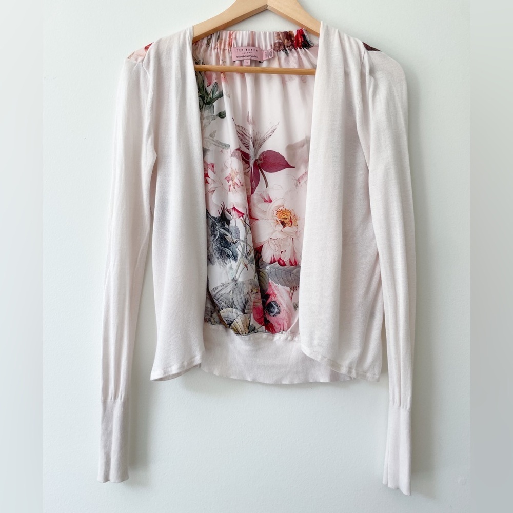 🌸🍂Ted Baker lightweight, floral satin back, open front cardigan XS US 4, Sz 1 - Picture 2 of 6